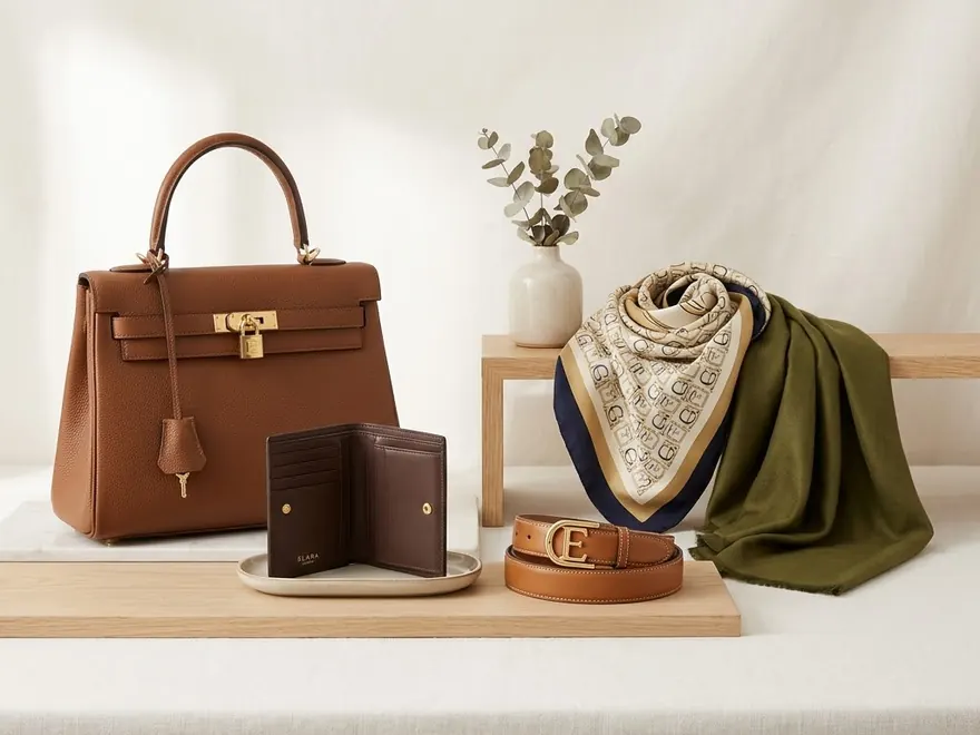 Wholesale fashion accessories including a leather handbag, wallets, belt and printed scarves