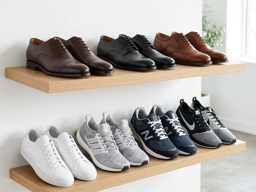 Formal leather shoes and casual sneakers arranged in full size runs on retail shelves