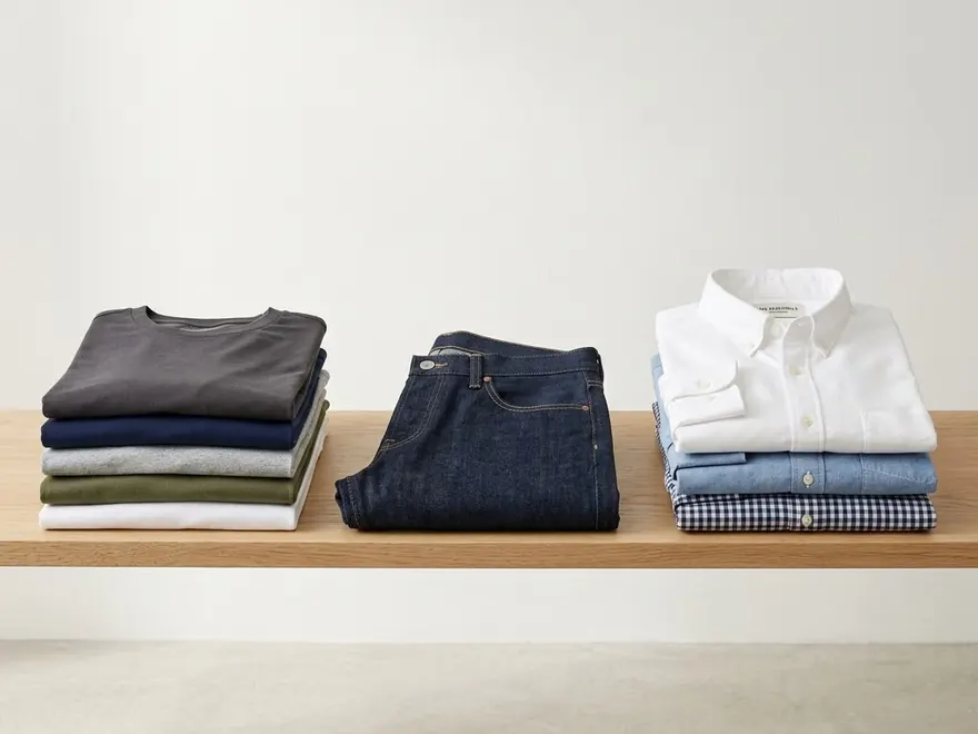 Folded wholesale garments — knitwear, denim and shirting — stacked on a retail display bench