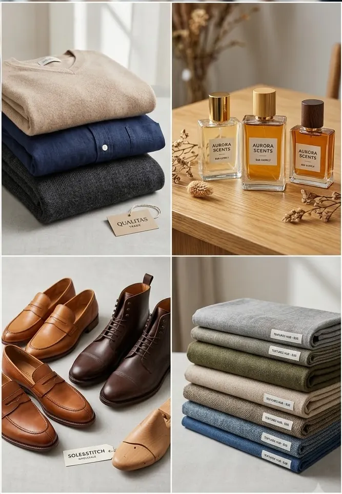 Wholesale product range from Sagarica Enterprises — folded knitwear and shirting, branded perfume bottles, leather footwear and stacked fabric in assorted colours
