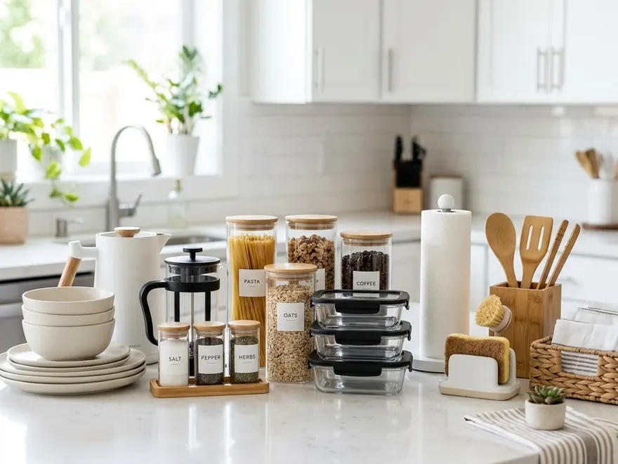 Kitchenware, storage containers and household utility products arranged on a kitchen counter