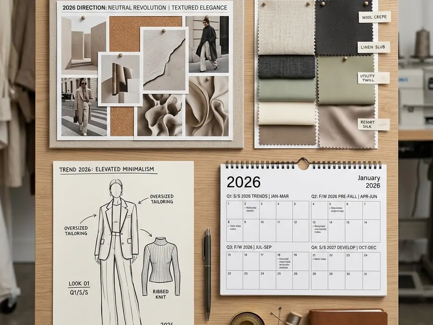 A 2026 fashion trend board with fabric swatches, a colour palette and a seasonal buying calendar