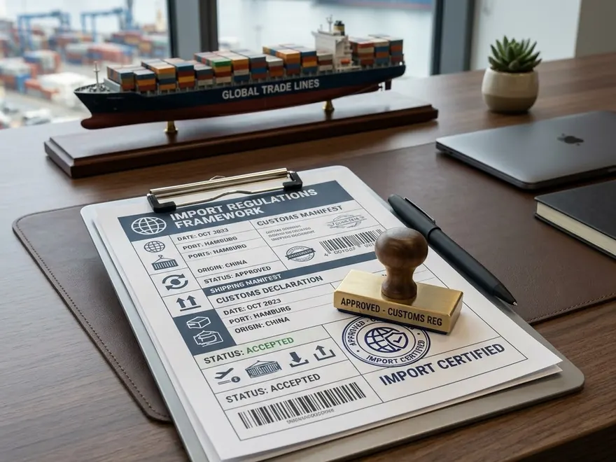 Import regulation paperwork on a clipboard with a customs approval stamp and a container ship model