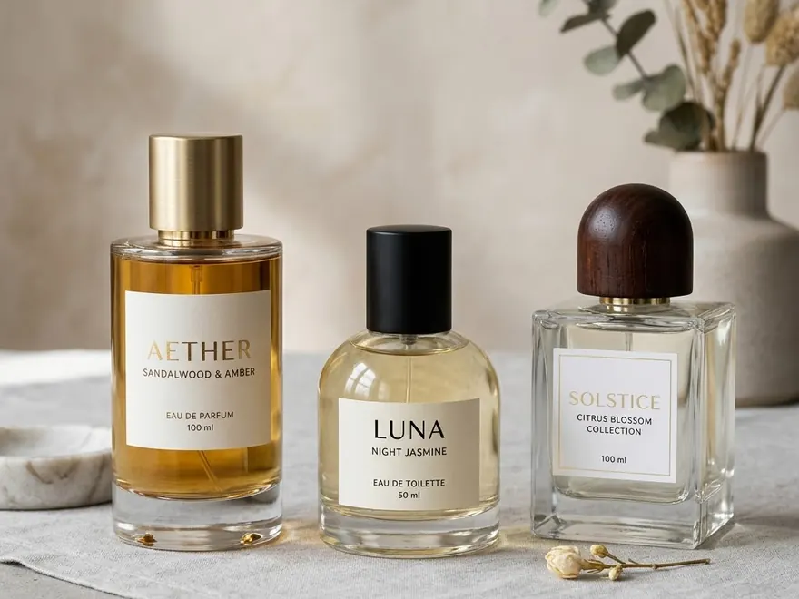 Wholesale perfume bottles with clean branded labels arranged on a studio surface