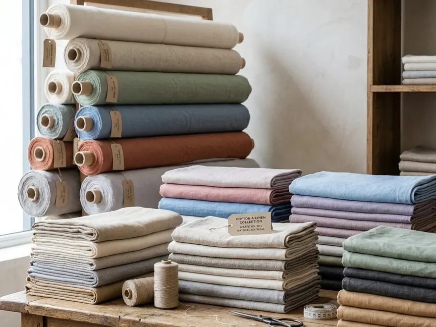 Rolls and folded stacks of wholesale fabric in assorted colours and weights